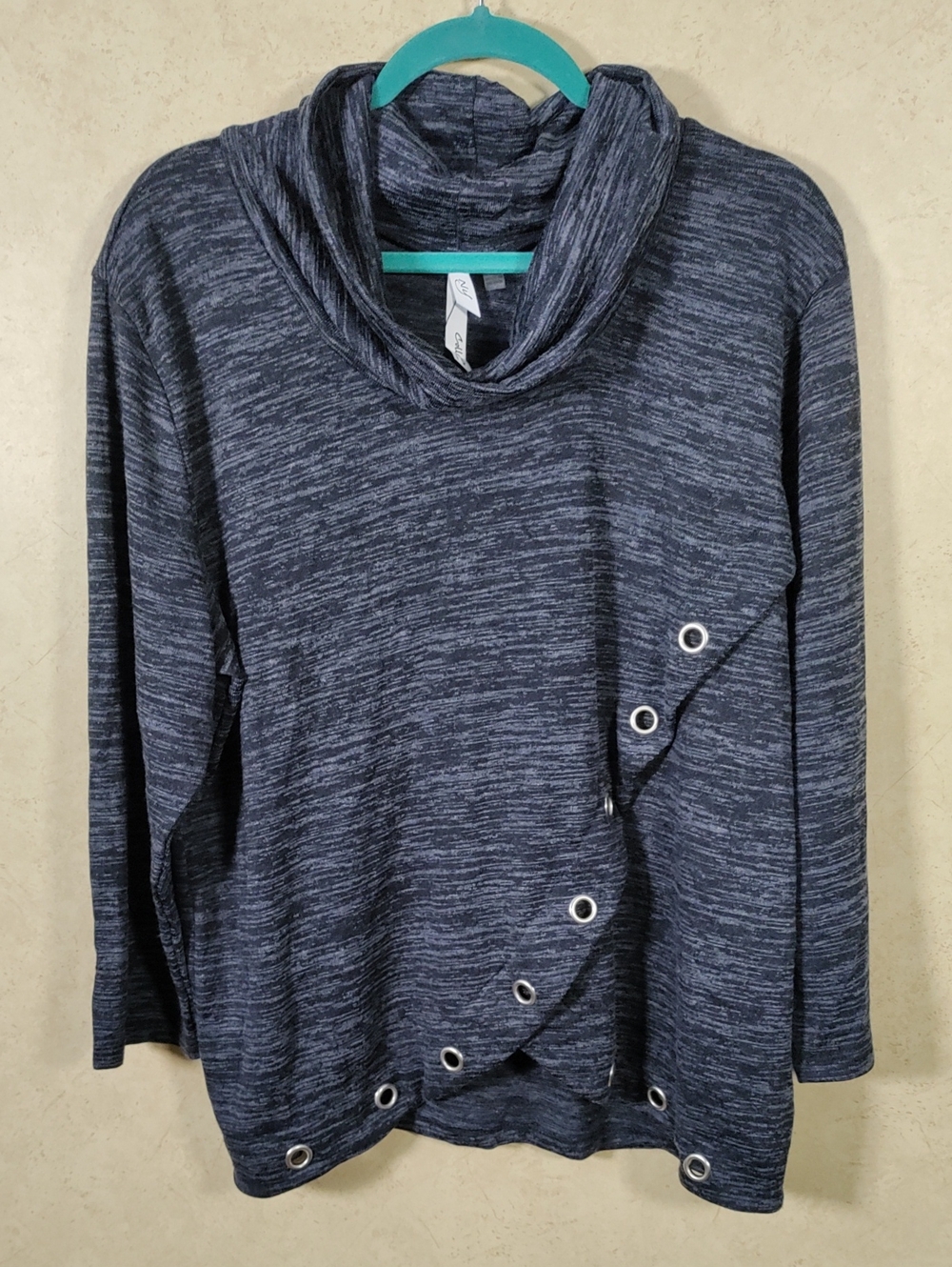 J101 NY Collection Navy Marled Cowl Neck Sweater with Grommet Detail 1X NWT